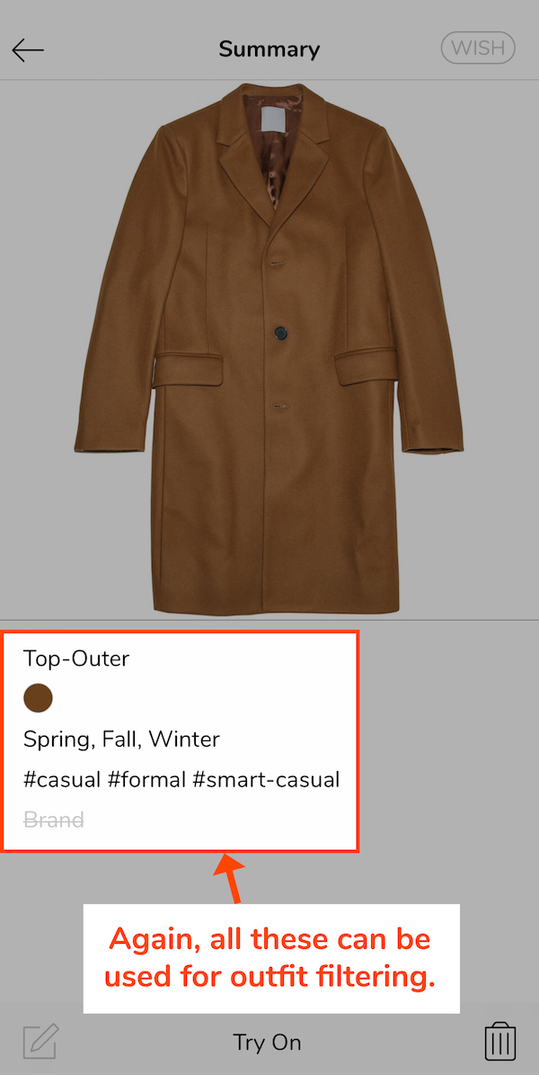 Tagging example for a camel-brown coat